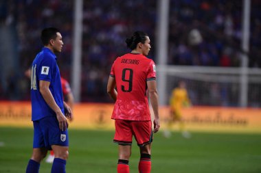 Bangkok, Tayland - 26 Mart 2024 - Dünya Kupası sırasında Güney Kore 'nin Cho Gue Sung # 9. Oyuncusu Rajamangkala Stadyumu' nda Güney Kore 'ye karşı mücadele etti.