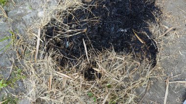 Yakından çekilmiş detaylı bir görüntü yanmış enkaz ve külleri sergiliyor. Yerde bir yangının kalıntıları. Kararmış malzemeler ve kömürleşmiş kalıntılar, çevre, afet iyileştirme veya endüstriyel temalı projelerde kullanılmak üzere çarpıcı bir doku oluşturuyor.