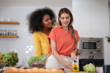 Kitche 'de salata pişiren çok ırklı lezbiyen çift.