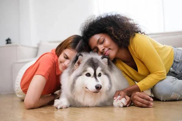幸せな多人種女性カップルとともにかわいいシベリアハスキー犬楽しみますフリー時間で一緒に家 — ストック写真