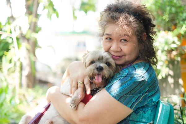 Elder asian woman hug  shih tzu small dog in the park