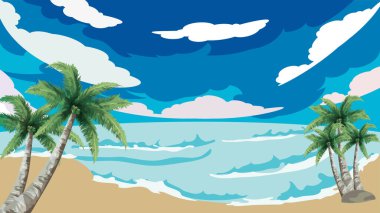 Deniz ve kumsal Hindistan cevizi ağacı arkaplanlı.