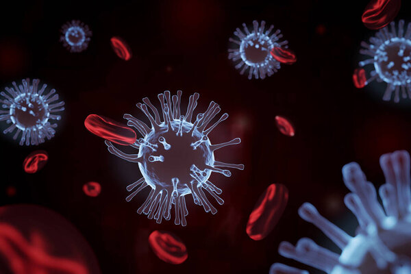 Вирус атакует красные клетки крови. 3D иллюстрация