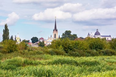 Yaz manzarası - kilise, tapınak ve güneşli bir günde park olan nehir kıyısı (Lutsk, Ukrayna).