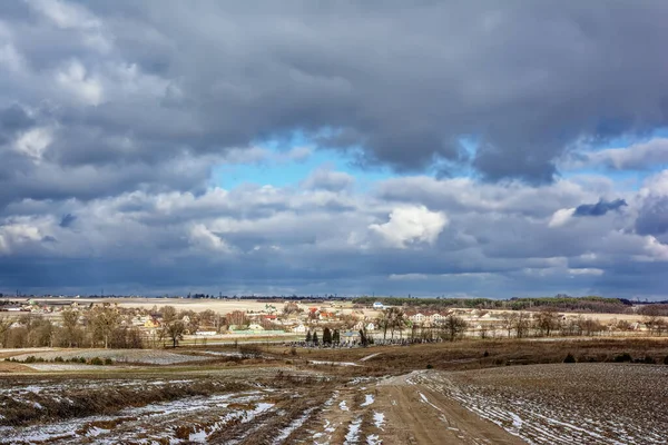 Winter Landscape Fields Village Valley Storm Clouds — Stock Photo, Image