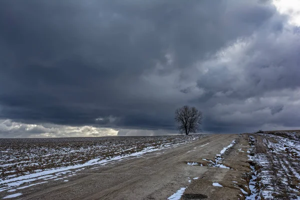 Winter Landscape Storm Clouds Snow Covered Plowed Fields — Stock Photo, Image