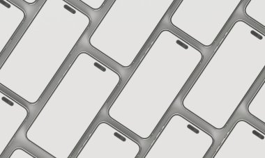 İzometrik dikdörtgenlerin üç boyutlu çizimi, boş boşluklu 14 boyutlu bir alanda telefon simülasyonu yapıyor. Uygulamalar için farklı bakış açıları ve bakış açıları. iPhone pro