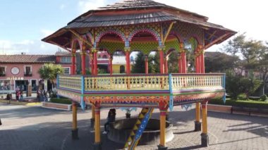 Chignahuapan, Puebla Mexico. Nov 23 2022. Panoramic drone view of the indigenous Baroque church Parroquia de Santiago Apstol in the central Plaza de Armas.