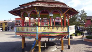Chignahuapan, Puebla Mexico. Nov 23 2022. Panoramic drone view of the indigenous Baroque church Parroquia de Santiago Apstol in the central Plaza de Armas.