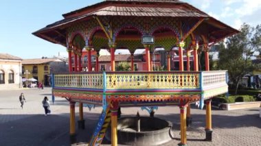Chignahuapan, Puebla Mexico. Nov 23 2022. Panoramic drone view of the indigenous Baroque church Parroquia de Santiago Apstol in the central Plaza de Armas.