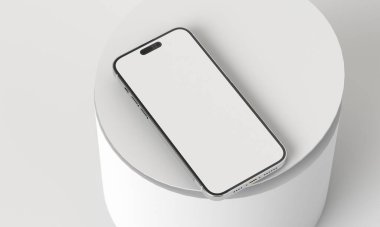 İzometrik dikdörtgenlerin boş boşluklu üç boyutlu bir uzayda telefon simülasyonu çizimi. Uygulamalar için rock yapmak için farklı bakış açıları ve görüşler