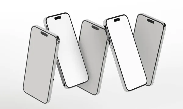 İzometrik dikdörtgenlerin boş boşluklu üç boyutlu bir uzayda telefon simülasyonu çizimi. Uygulamalar için farklı bakış açıları ve bakış açıları. iPhone