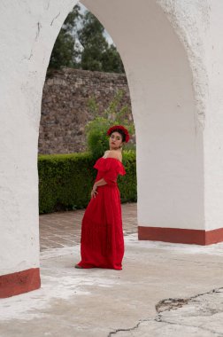 Frida 'dan esinlenerek Frida Kahlo' yu andıran Meksikalı bir kadın narin kemer yolları altında yaşlanmış bir sandalyeyi şereflendirir. Bir ışık ve gölge oyunuyla yıkandı, geleneksel kıyafetleri ve derin derin bakışları