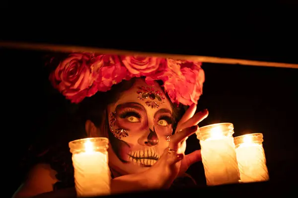 Calavera Catrina Siedzi Tronie Cukru Czaszki Makijaż Dia Los Muertos — Zdjęcie stockowe