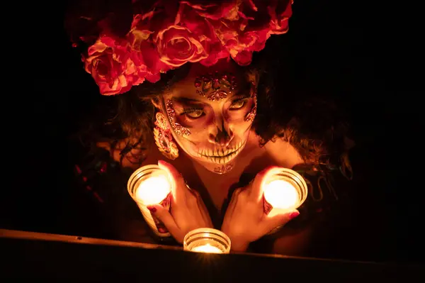 Calavera Catrina Sentada Num Trono Maquiagem Crânio Dia Los Muertos — Fotografia de Stock