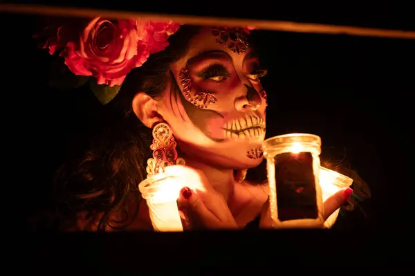 Calavera Catrina Siedzi Tronie Cukru Czaszki Makijaż Dia Los Muertos — Zdjęcie stockowe