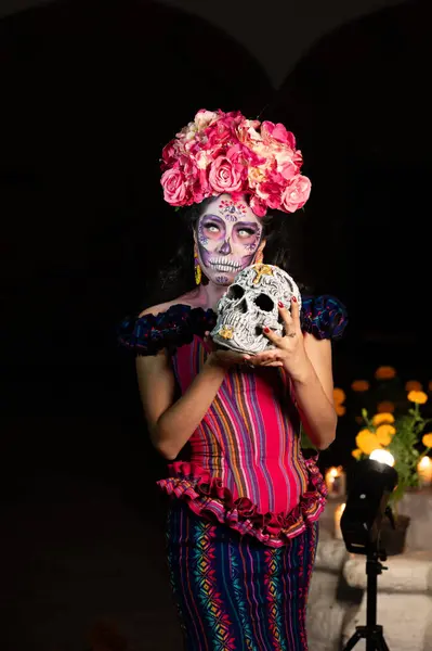 Calavera Catrina Sitting Throne Sugar Skull Makeup Dia Los Muertos — Stock Photo, Image