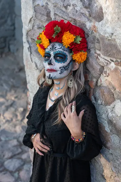 Closeup Portrait Calavera Catrina Young Woman Sugar Skull Makeup Dia — Stock Photo, Image