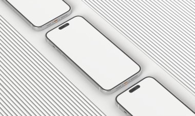 İzometrik dikdörtgenlerin boş boşluklu üç boyutlu bir uzayda telefon simülasyonu çizimi. Uygulamalar için farklı bakış açıları ve bakış açıları. iPhone