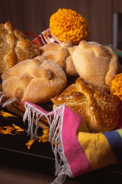 Pan de Muerto. Ölü sezonunda tüketilen tipik Meksika tatlı ekmeği. Ölülerin bayramında sunakların ve sunakların ana unsurlarından biridir..