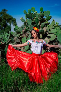 Parlak kırmızı Meksika folklorik eteği ve beyaz işlemeli bluz giymiş bir bayan dansçı zarif bir poz verir.