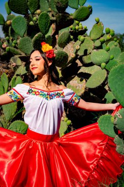 Parlak kırmızı Meksika folklorik eteği ve beyaz işlemeli bluz giymiş bir bayan dansçı zarif bir poz verir.