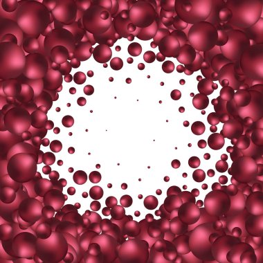 Red pearls of different sizes are scattered on a white background at the top. Modern beautiful background. 3D illustration, 3D rendering. Photoframe.