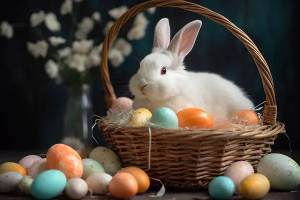 Velikonoční Zajíček Velikonoční Vejce Košíku Tmavém Pozadí — Stock fotografie