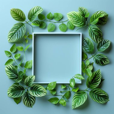 Mavi arka planda yeşil yapraklardan oluşan yaratıcı bir düzen. Düz yerde, üst tarafta. Doğa konsepti.