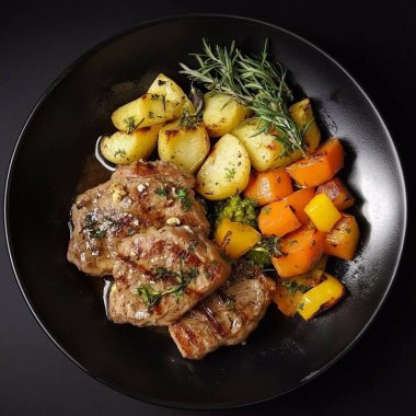 Sebzeli ve biberiyeli biftek. Restoran servisi..