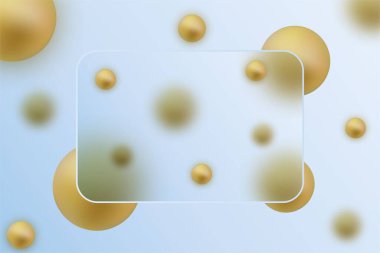 Mavi arkaplan üzerinde şeffaf dikdörtgen ve altın küreler olan bir morfizm cam masanın vektör görüntüsü.