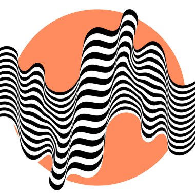 Beyaz arka planda turuncu daireli siyah ve beyaz dalgalı çizgilerin soyut arka planı. İllüzyon.