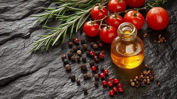 Ekstra bakir zeytinyağı, taze kiraz domatesleri, biberiye filizleri ve koyu taşlı arka planda biberli mısır karışımı..