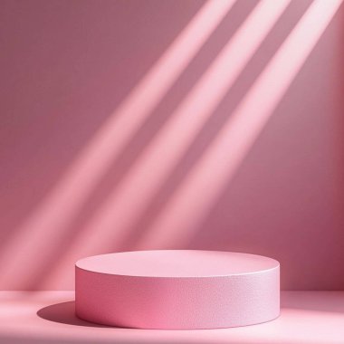 Pembe silindirik podyum, arka planda ışık ışınları var..