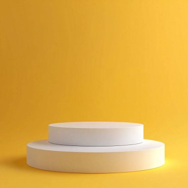 Parlak sarı minimalist arka planda iki beyaz silindirik podyum