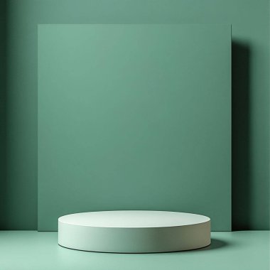Ürünler için yeşil arka planda beyaz podyum.