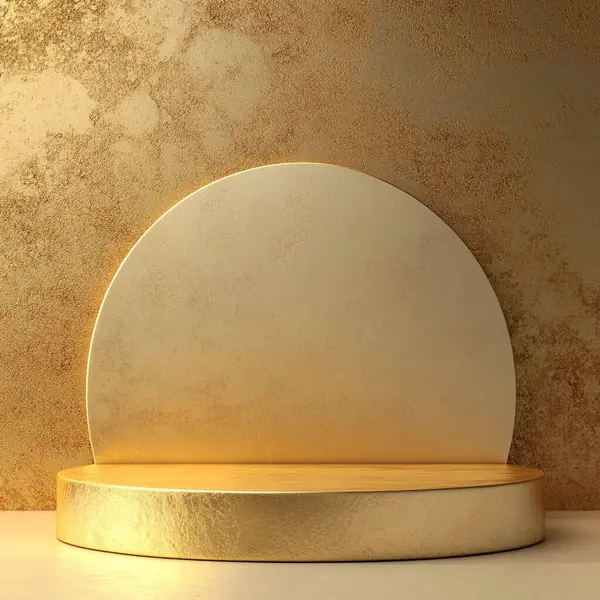 Yarı dairesel arkaplanı olan altın silindirik podyum.
