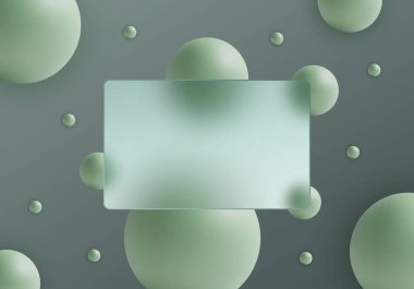 Koyu gri arkaplan ve yeşil küreler üzerinde cam morfizm etkisi olan modern tasarım.