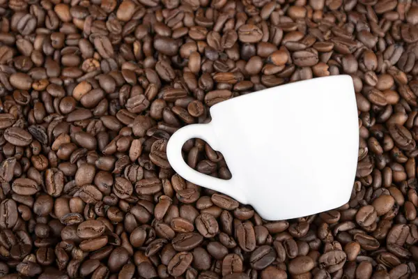 Kavrulmuş kahve çekirdekleri ve bir fincan