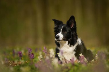 Doğadaki köpeğin bahar portresi. Doğası gereği çok sevimli. Çok güzel bir yüzü var.