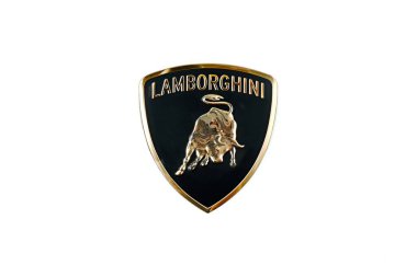 Neu-Ulm, Almanya - Haziran 06, 2024: Lamborghini logosu beyaz arka planda. Lamborghini İtalyan bir otomobil üreticisi..