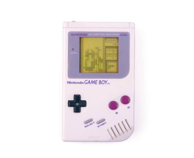 Neu-Ulm, Bavyera, Almanya - 22 Ocak 2025: Nintendo Game Boy el bilgisayarı oyun konsolunu kapatın ve Tetris 'i oynayın..