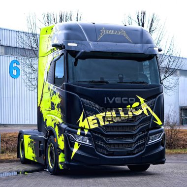 Ulm, Germany - February, 14, 2025: IVECO S-WAY Special Edition Metallica parking. Square image. clipart