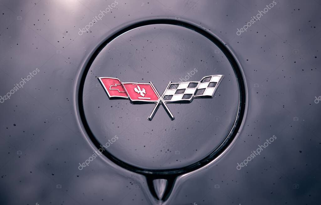 Senden, Germany - June, 04, 2025: Close-up of Emblem on the fuel cap of a classic Corvette C3 Stingray