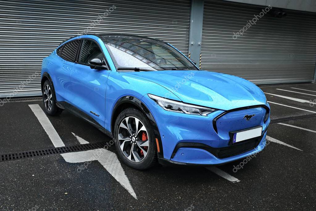 Neu-Ulm, Germany - June, 19, 2025: Ford Mustang Mach E, electric compact crossover SUV parking.