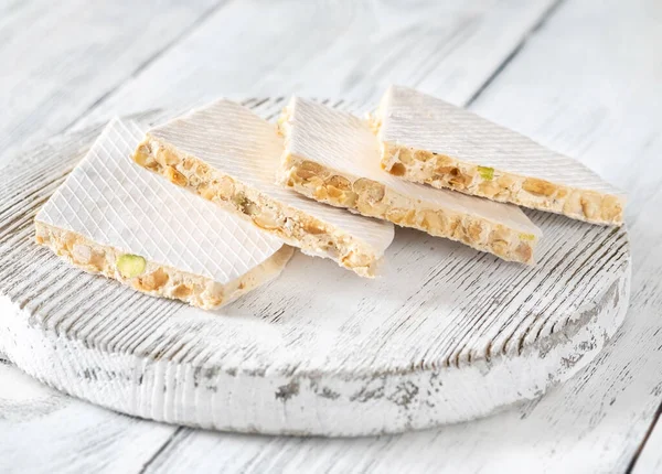 Wedges Turron Nougat Confection Wooden Board — Stock Photo, Image