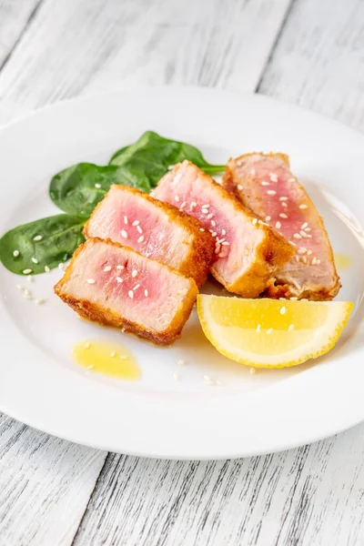 Sliced Tuna Steak White Plate — Stock Photo, Image