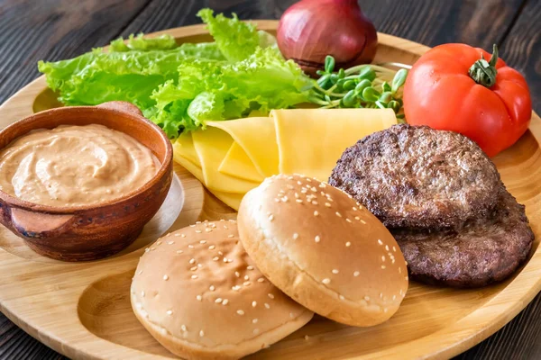 Ingredients Burgers Wooden Tray — Stock Photo, Image