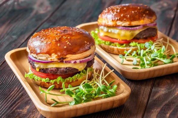 Two Glazed Burgers Wooden Background — Stock Photo, Image