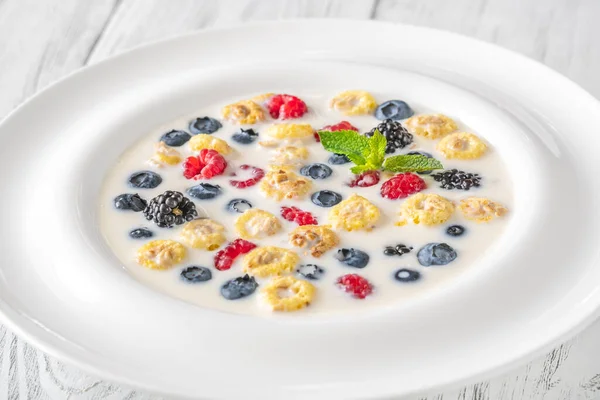 Portion Cereal Milk Berries — Stock Photo, Image